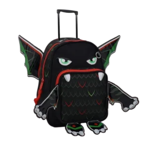 Mochila negra con diseño de monstruo, con ruedas, asas y detalles de ojos verdes, alas y patas decorativas