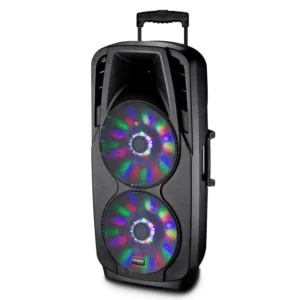 Parlante portátil Crown Mustang Moove10BT negro con luces led multicolores y ruedas con manija telescópica
