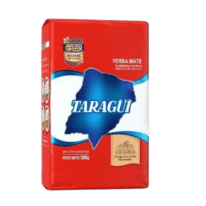 Paquete de yerba mate Taragüi de 500 gramos, con fondo rojo y etiqueta azul.