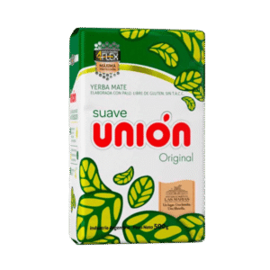 Paquete de yerba mate Unión de 500 gramos, con diseño verde y hojas de yerba en la parte frontal.